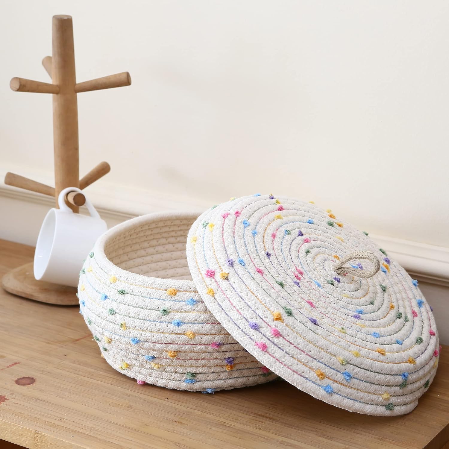 Sea Team Round Cotton Rope Storage Basket with Lid, Colorful Rainbow Pompom Woven Storage Bin, Pot, Caddy, Organizer, Container for Snacks, Towels, Plants, 10 x 4.5 Inches (Small, Shallow, Rainbow)