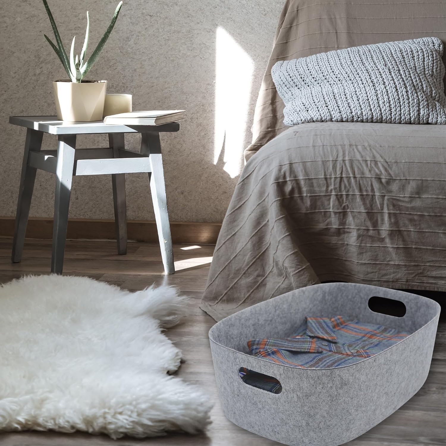 Welaxy Large Storage Basket Felt Open Desk Organize bin Shelf baskets with handles light weight carry for Magazines Books Junk Kids Toys Pet toy Clothes Laundry (Gray)
