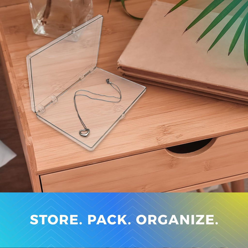 4-Pack Clear Hinged Plastic Containers, Keepsake Storage Boxes, 6" L x 4" W x 1/2" H, Made in USA, Plastic Display Case and Storage Containers