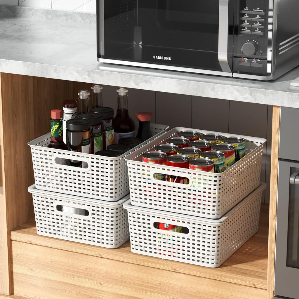 6 Pack Stackable Lidded Storage Baskets, Plastic Woven Baskets for Organizing, White