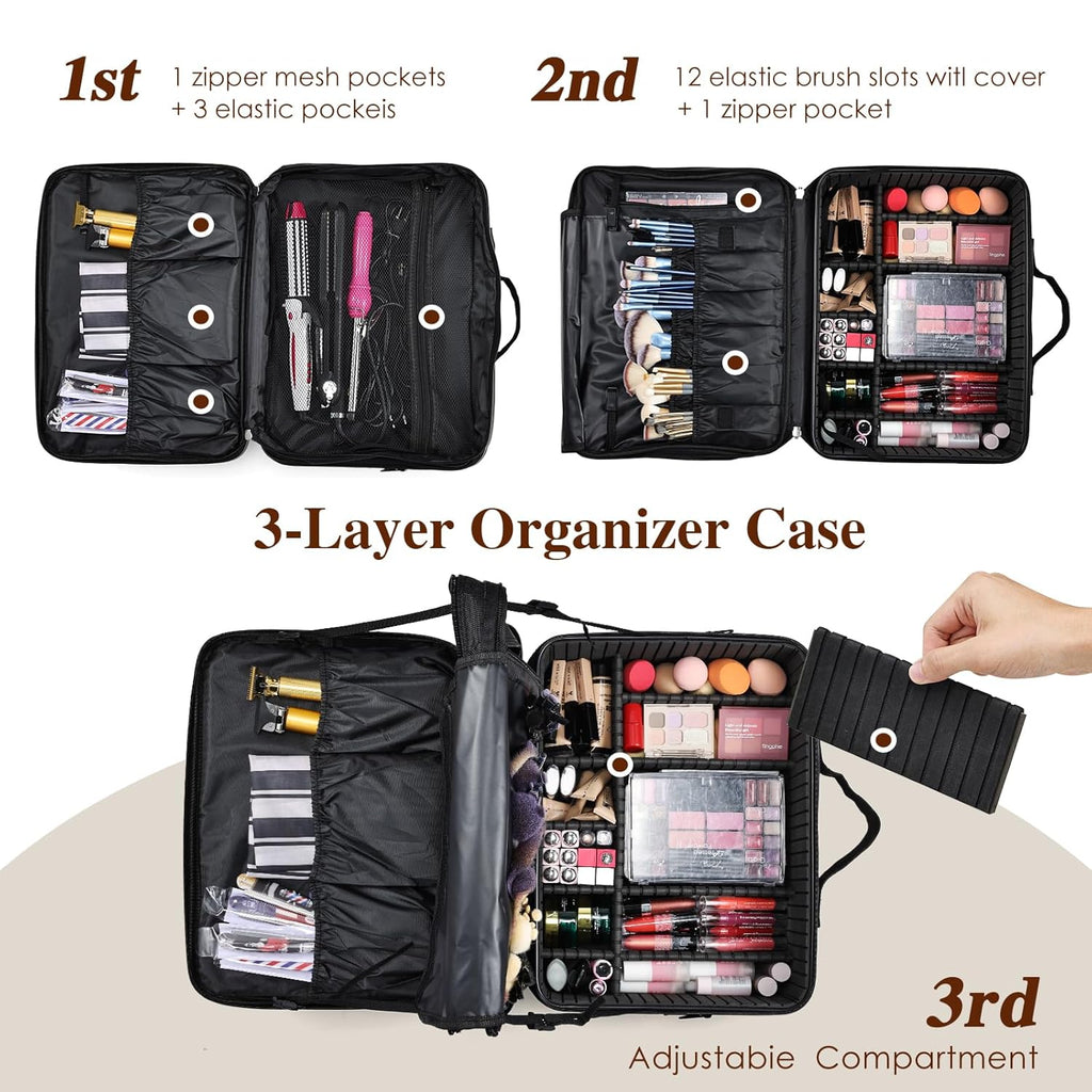 Adazzo Extra Large Makeup Case 8.5” Deep Professional Cosmetic Organizer Box Brush Holder with 3 Clear Set Bags/Lipstick Plate for Makeup Artists with Shoulder Strap/Adjustable Dividers/Luggage Sleeve