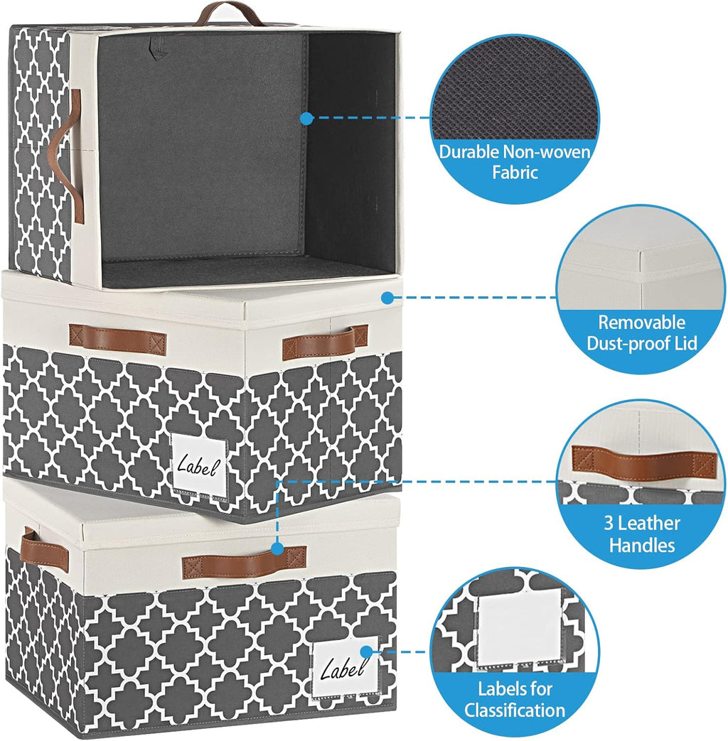 GhvyenntteS Extra Large Storage Bins with Lids, Foldable Fabric Storage Boxes with Lids and 3 Handles, Storage Baskets with Label for Home Office (3 Pack, White&Lattice Grey, 15.75x11.8x10.2)
