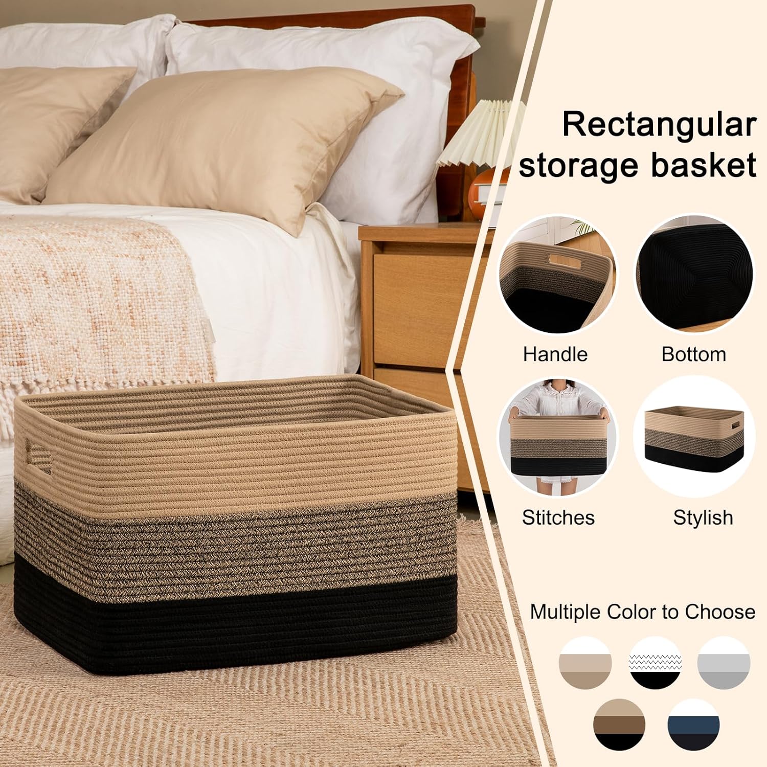 OIAHOMY 108L Large Cotton Rope Basket, Rectangle Woven Baskets for Storage, Nursery Blanket Storage Living Room, Toy Basket With Handle-25”x16”x16”-Yellow Black