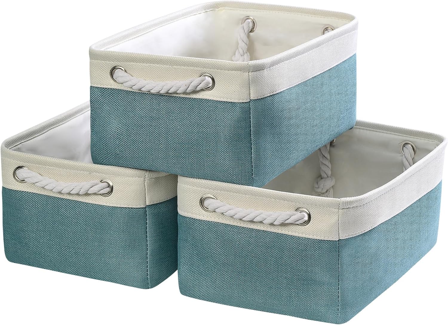 TheWarmHome Fabric Storage Bins Baskets for Organizing,Sturdy Storage Basket W/Handles, Decorative Foldable Storage Baskets for Shelves Closet Nursery Toy (White&Teal, Medium - 3 Pack)