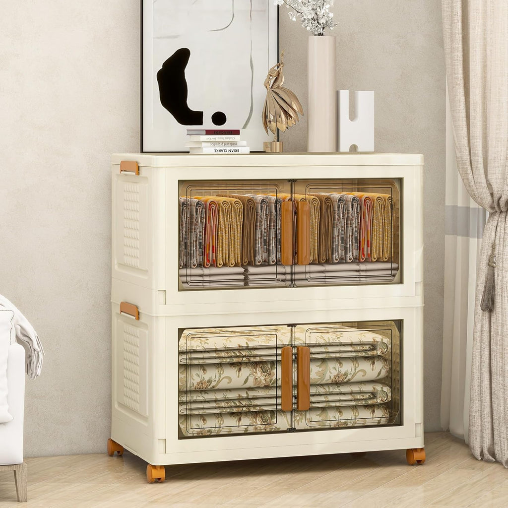 Plastic Stackable Storage Bins with Lids and Wheels, Foldable Closet Organizers and Storage Containers, Collapsible Clear Drawer Storage Cabinet with Doors Ivory White 304 QT