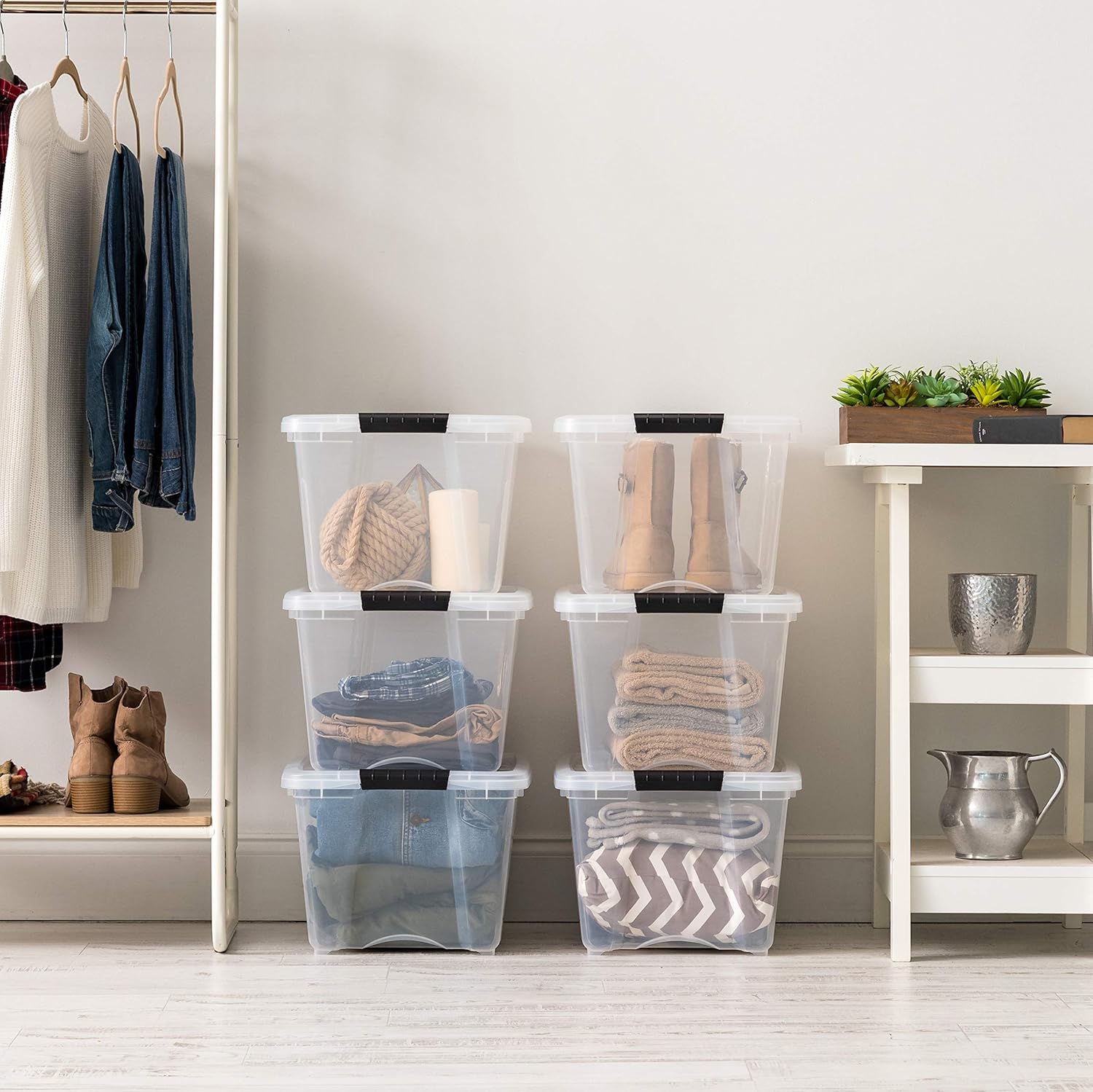 IRIS USA 32 QT Plastic Storage Box with Lid and Latches - 6 Pack - BPA-Free, See-Through Organizing Solution, Durable Nestable Stackable Containers, Secure Pull Handle - Clear