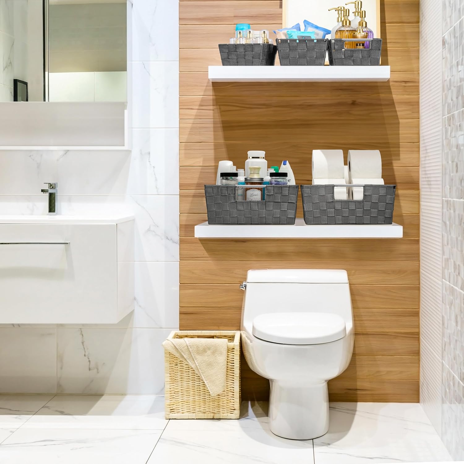 Sorbus Set of 9 Woven Storage Baskets – Mesh Hand-Woven Baskets for Organizing, Fabric Storage Bins for Linen Closet Organizer, Storage Baskets for Shelves, Home Organization and Decor (Gray)