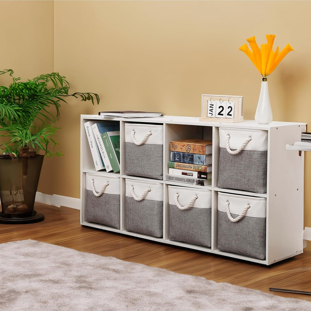 Fabric Storage Bins, 11 inch cube storage bins with Handles, 11x11cube storage organizer bins, Collapsible Storage Bins for Shelves and Home, Cubby Storage Cubes (white-gray, 10.5x10.5x11in)