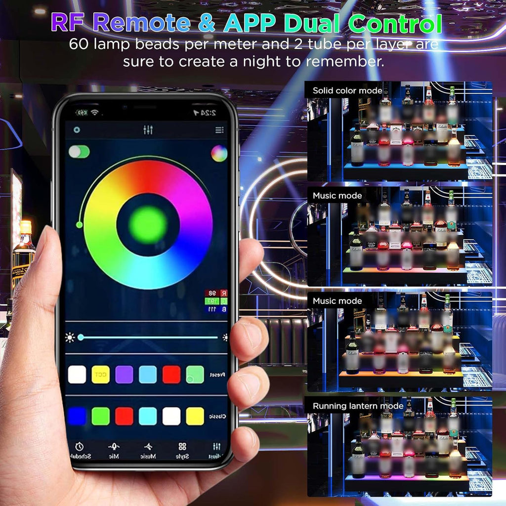 Dethan 3 Tier 48 Inch Liquor Bottle Display Shelf - Wine Racks with Multi-Color App & Remote Control, Adjustable Brightness & Sound Modes, Acrylic Bar Shelves for Commercial Clubs