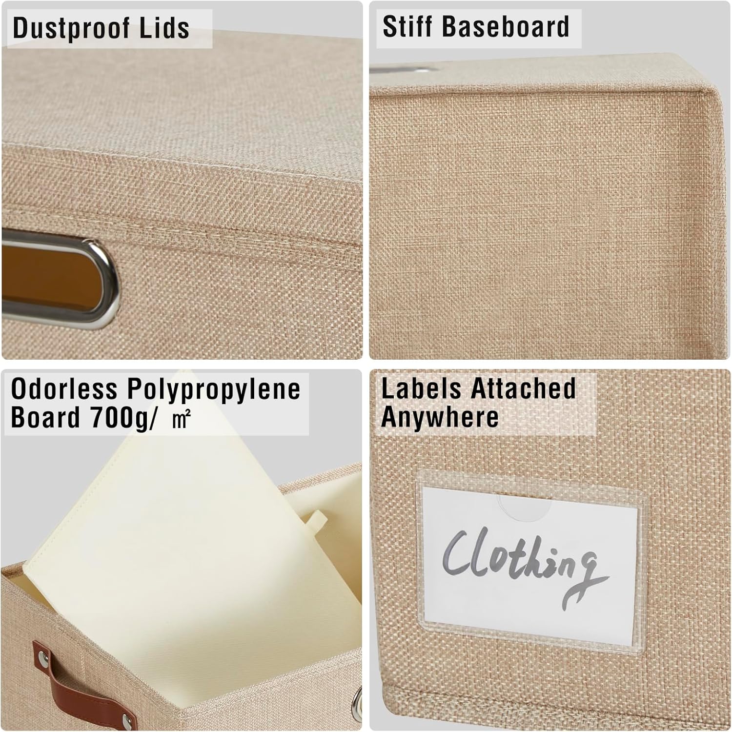 17" Large Collapsible Storage Bins with Lids, Stackable Closet Organizers with PU Handle and Labels, 3-Pack Decorative Fabric Storage Boxes for Home, Bedroom, Closet, Office, Nursery(Khaki)