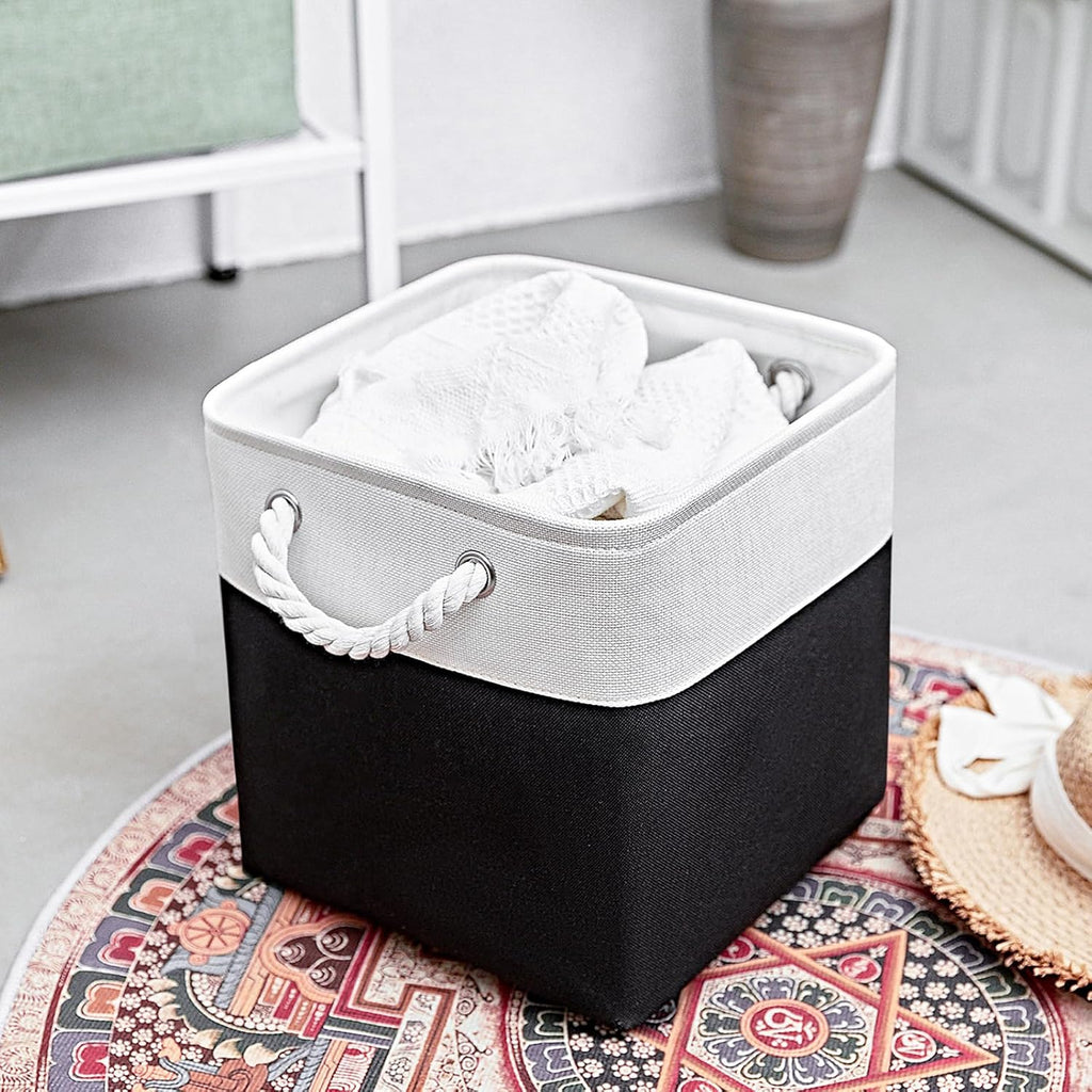 Fabric Storage Cubes, 11 inch cube storage bin with Handles, 11x11cube storage organizer bins, Collapsible Storage Bins for Shelves and Home, Cubby Storage Bins (white-black, 10.5x10.5x11in)