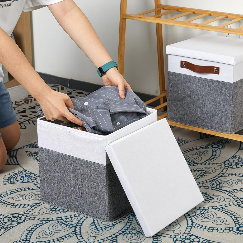 Temary Foldable Fabric Storage Bins with Lids, 2-Pack Storage Bin for Organizing Living Room, Closet Organization, Multi-Purpose Storage Boxes for Clothes (White&Grey, 10.5x10.5x10.5in)