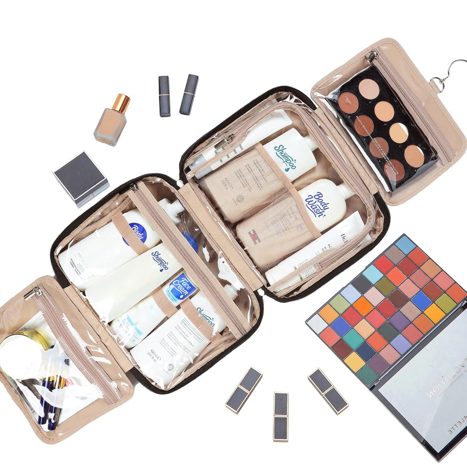 NISHEL Travel Toiletry Bag for Women, Makeup Essentials Organizer, Hanging Case for Accessories, Cosmetics, Large Size, Black