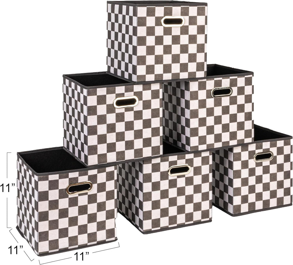 Household Essentials Foldable Fabric Storage Cubes 6-Pack – 11x11x11 Stackable Non-Woven Bins with Chipboard Sides & Grommet Handles – Closet, Shelf, Nursery, or Office Organizer – Checkerboard