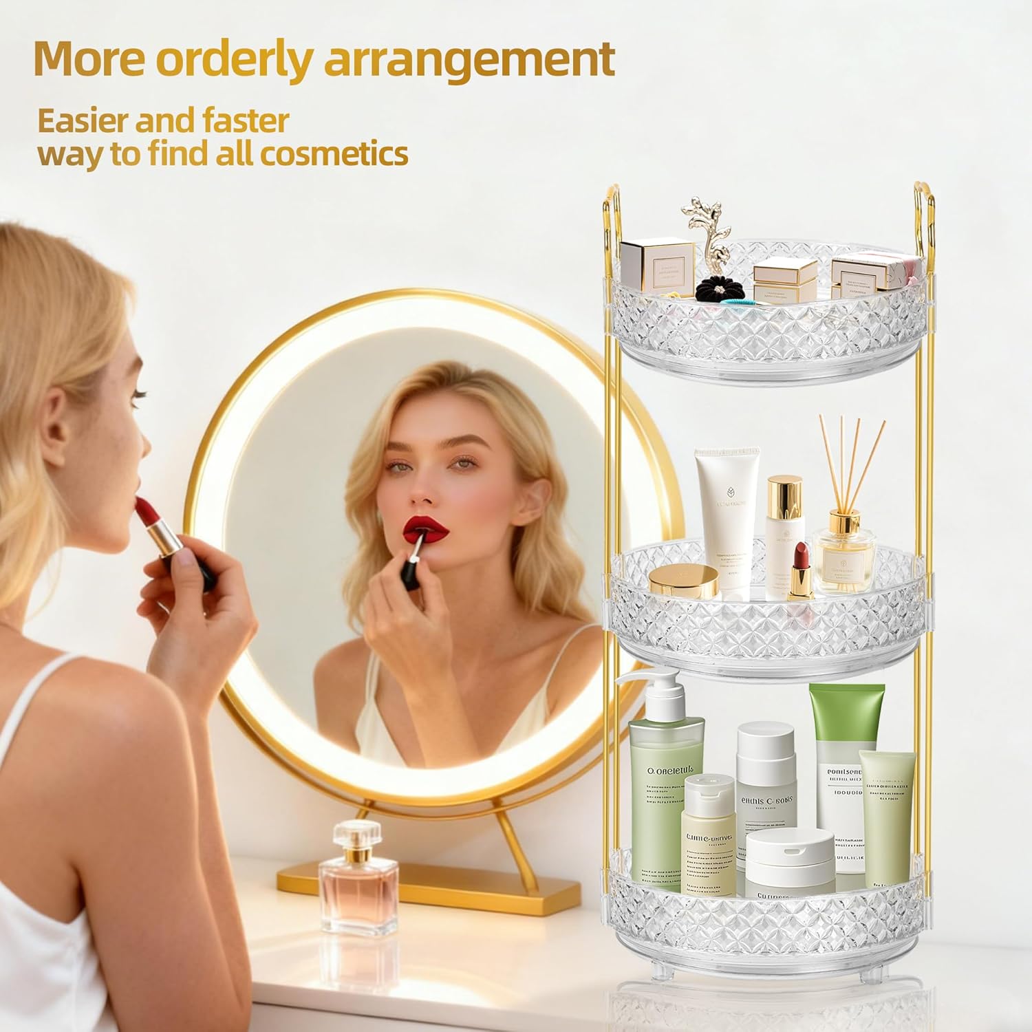 360 Rotating Rotating Makeup Organizer for Vanity, 3 Tier Perfume Skincare Organizers and Storage for Bathroom Countertop, Clear Spinning Counter Cosmetic Holder for Dresser,Clear