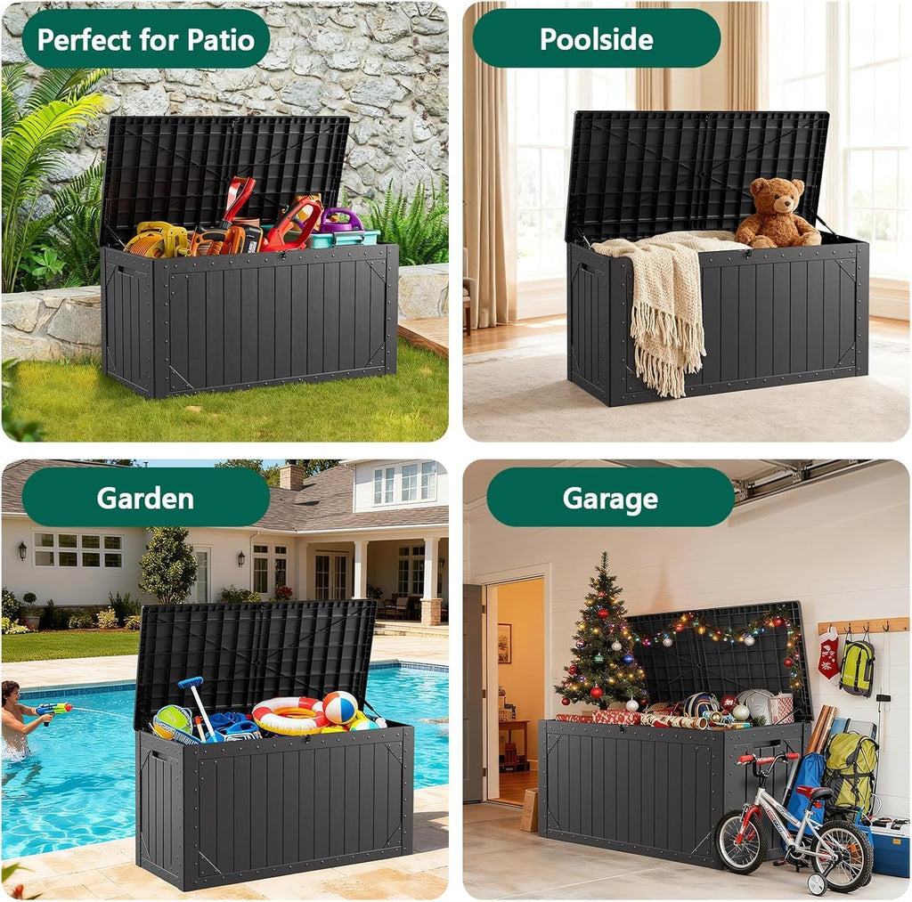 100 Gallon Outdoor Storage Box, Lockable Resin Deck Box for Patio Cushions, Throw Pillows, Garden Tools, Weatherproof Large Outdoor Storage Bench for Yard, Porch, or Balcony