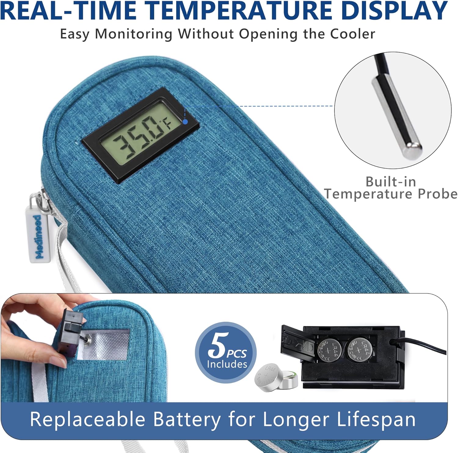 Insulin Cooler Travel Case TSA Approved with Temperature Display – Diabetic Medication Travel Case with 2 × 90g Ice Packs, Portable Medicine Organizer for 3–4 Insulin Pens and Diabetic Supplies(Blue)