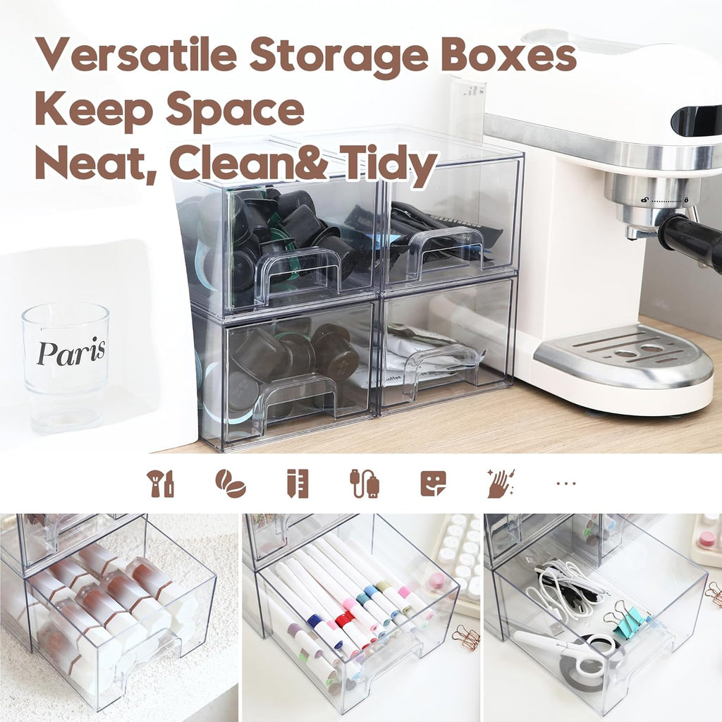 Sea Team 4-Pack Clear Makeup Organizer with Drawers, Acrylic Plastic Cosmetic Display Case, Jewelry Storage Box, Holder for Dresser, Bathroom, Vanity, Kitchen Cabinets, Pantry, Countertop