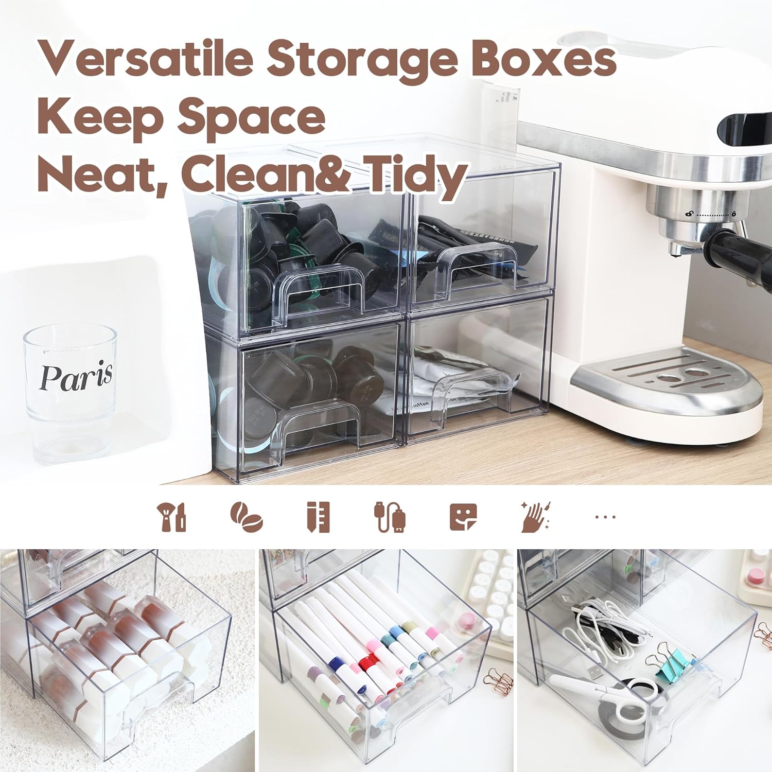 Sea Team 4-Pack Clear Makeup Organizer with Drawers, Acrylic Plastic Cosmetic Display Case, Jewelry Storage Box, Holder for Dresser, Bathroom, Vanity, Kitchen Cabinets, Pantry, Countertop