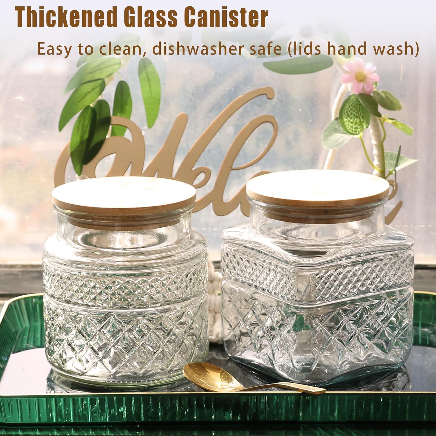 Viovian Decorative Glass Jar with Lid and Spoon 38 OZ Square Thick Glass Storage Jars Airtight Lids Clear Vintage Canister Container for Food Candy Cookie Sugar Coffee Tea Nuts Snack Dog Treat