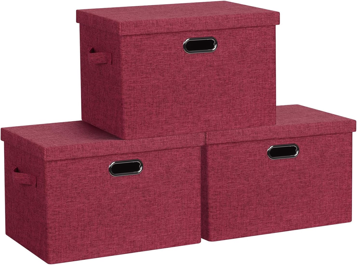 Large 17" 36 Quart Collapsible Stackable Storage Bins with Lids, 3 Packs Bright Red Linen Fabric Closet Boxes with Lids, Storage Cube Baskets Container Organizers for Office (17x12x11)