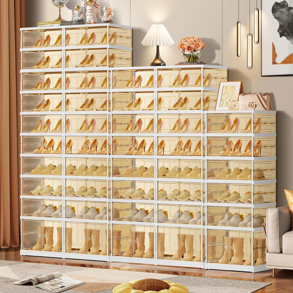 10 Tiers 20-40 Pairs Foldable Shoe Boxes Large Plastic Shoe Storage Rack Collapsible Shoe Organizer For Closet Tall Shoe Shelf Clear Stackable Shoes Cabinet with Doors Entryway