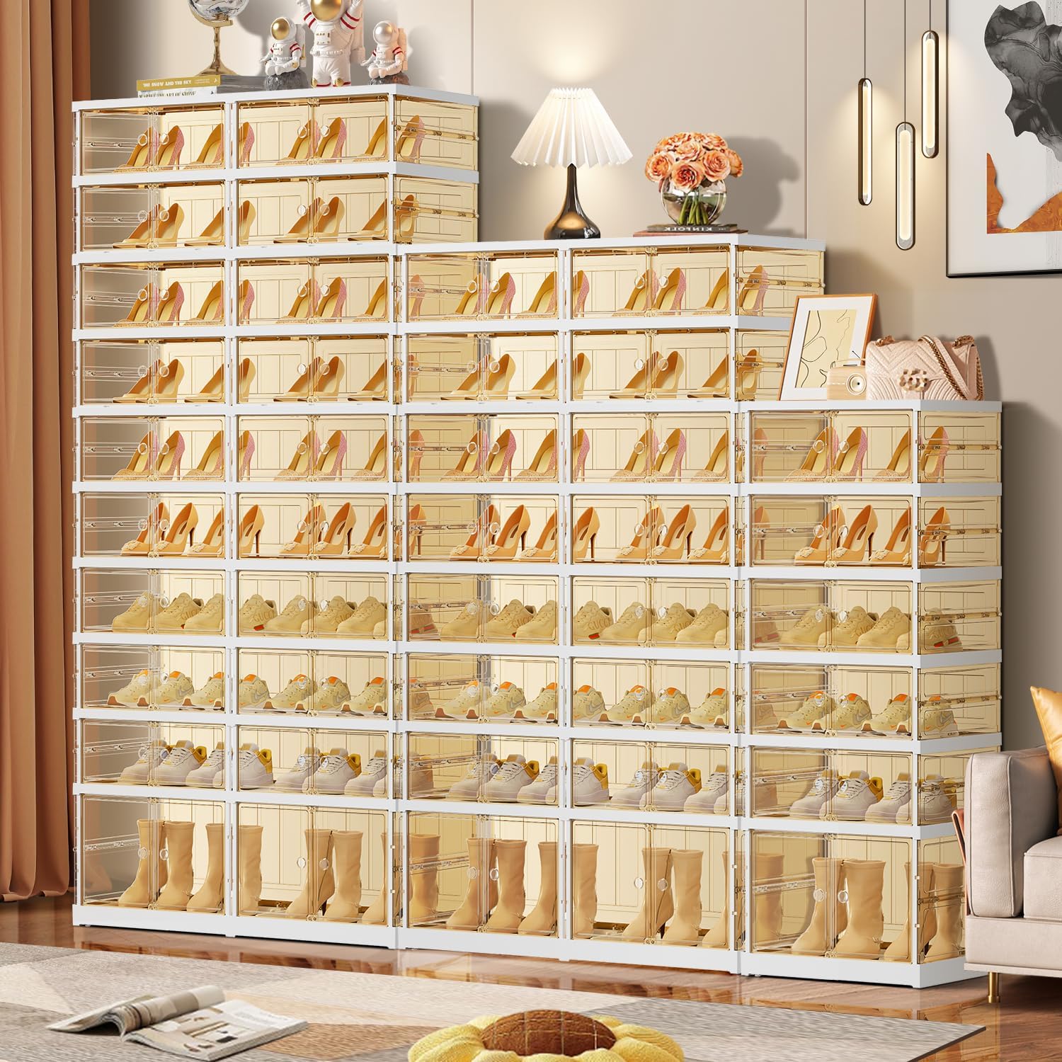 10 Tiers 20-40 Pairs Foldable Shoe Boxes Large Plastic Shoe Storage Rack Collapsible Shoe Organizer For Closet Tall Shoe Shelf Clear Stackable Shoes Cabinet with Doors Entryway