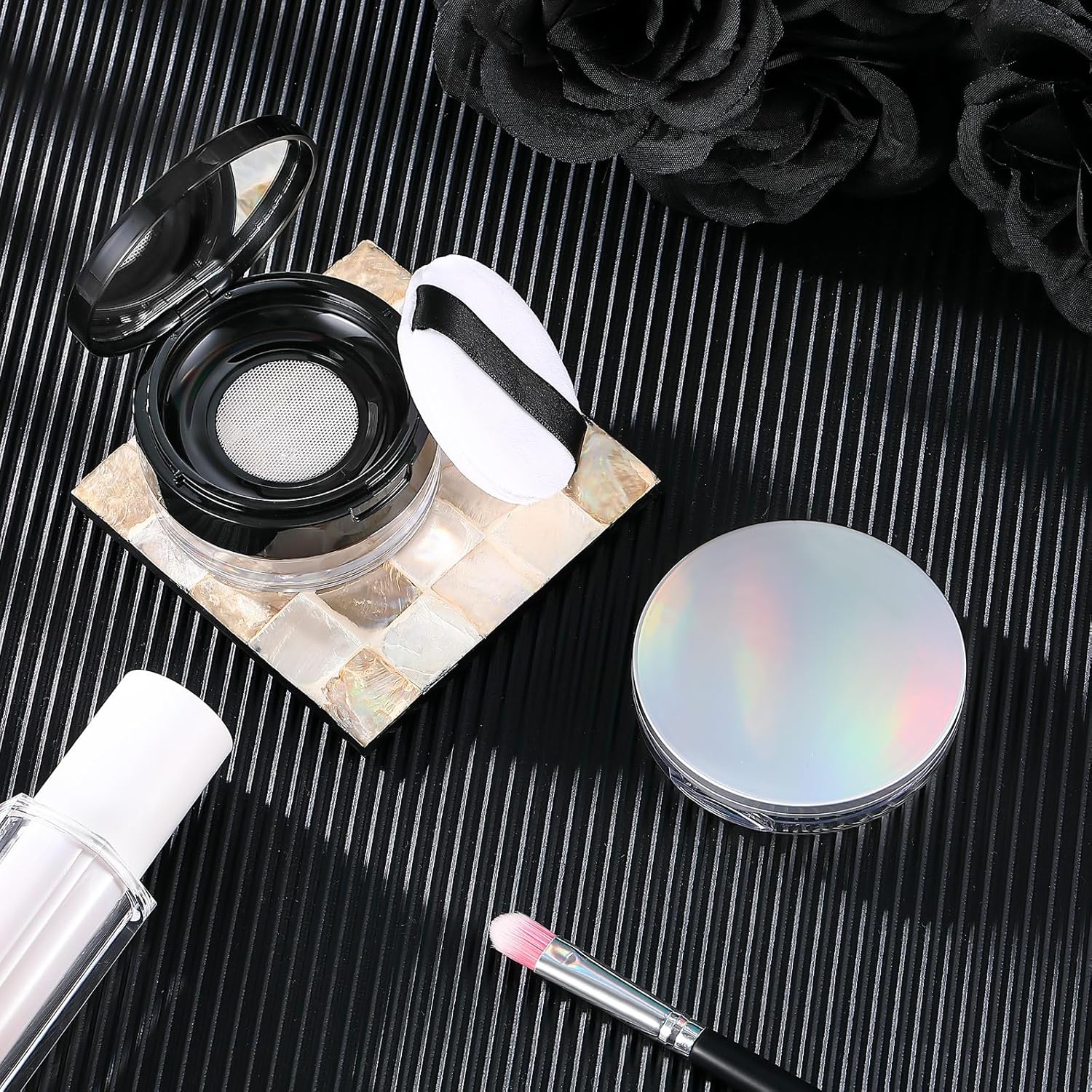 Cunhill 2 Pcs Loose Powder Container with Puff 0.17/0.7 oz Reusable Plastic Empty Case Portable DIY Makeup Powder Container Compact Case with Mirror and Net Sifter(Neon,Black)
