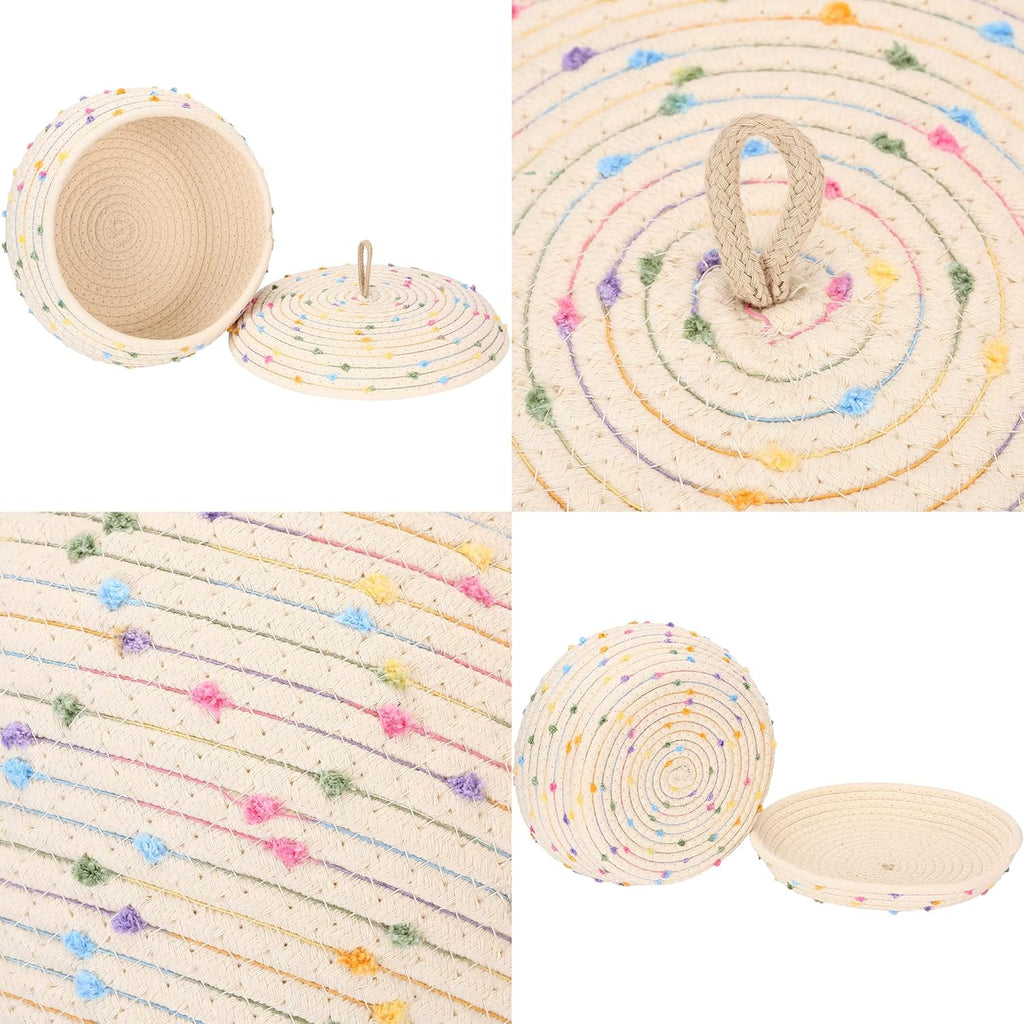 Sea Team Round Cotton Rope Storage Basket with Lid, Colorful Rainbow Pompom Woven Storage Bin, Pot, Caddy, Organizer, Container for Snacks, Towels, Plants, 10 x 4.5 Inches (Small, Shallow, Rainbow)