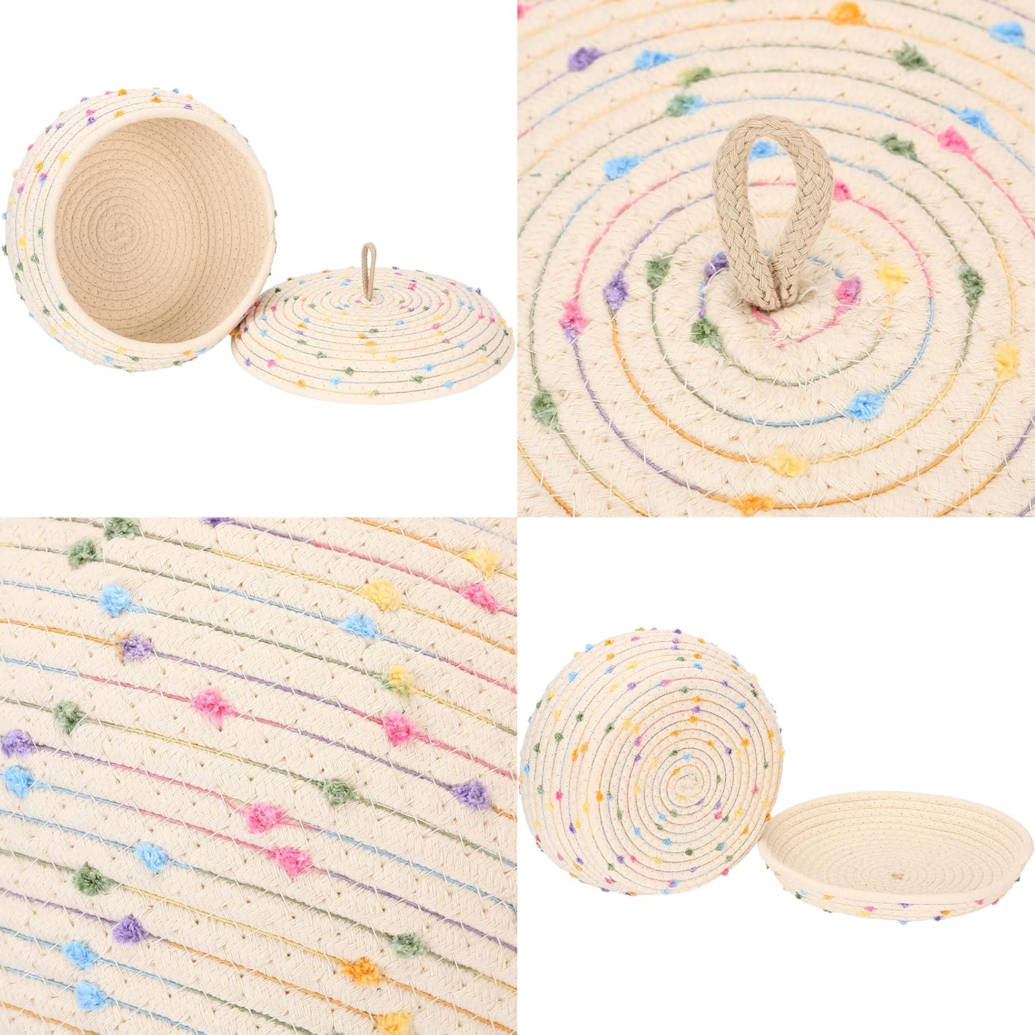Sea Team Round Cotton Rope Storage Basket with Lid, Colorful Rainbow Pompom Woven Storage Bin, Pot, Caddy, Organizer, Container for Snacks, Towels, Plants, 10 x 4.5 Inches (Small, Shallow, Rainbow)