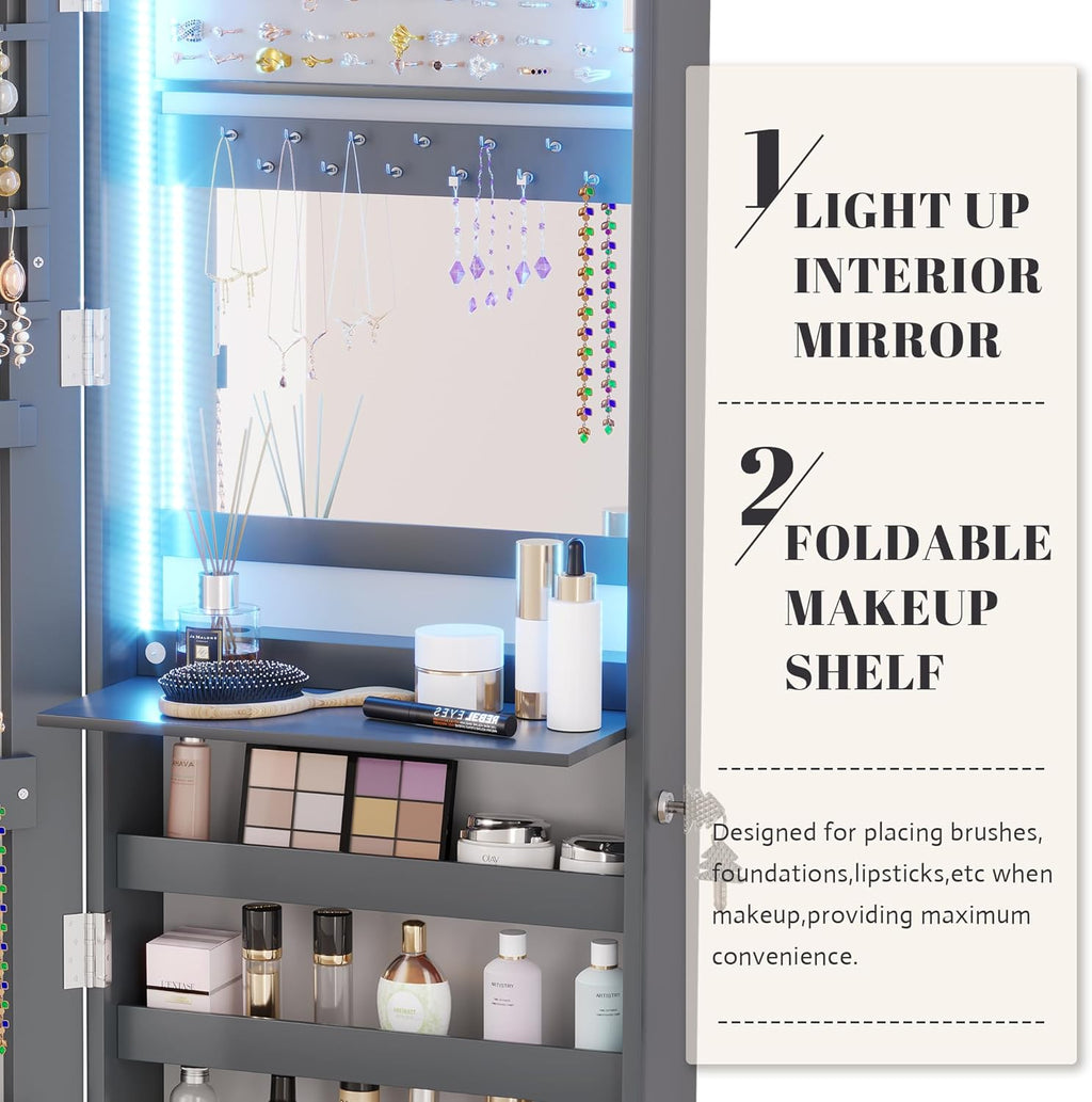 Vlsrka 47.2" LED Grey Jewelry Mirror Cabinet, Wall/Door Mounted Jewelry Armoire Organizer with Full-Length Mirror, Large Capacity Storage Hanging Cabinet, 4 Drawers, 5 Shelves, Built-in Lighted Mirror