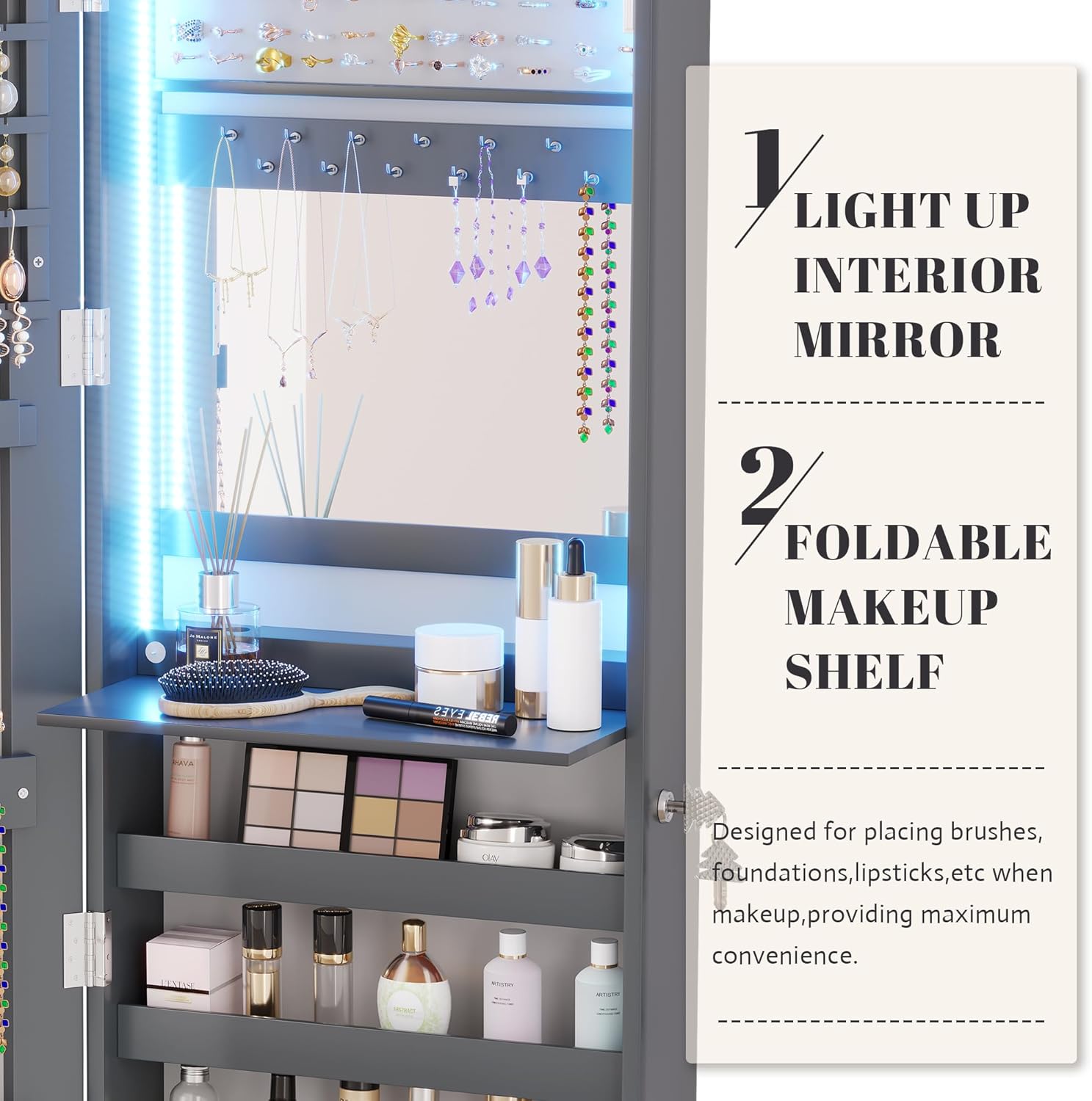 Vlsrka 47.2" LED Grey Jewelry Mirror Cabinet, Wall/Door Mounted Jewelry Armoire Organizer with Full-Length Mirror, Large Capacity Storage Hanging Cabinet, 4 Drawers, 5 Shelves, Built-in Lighted Mirror