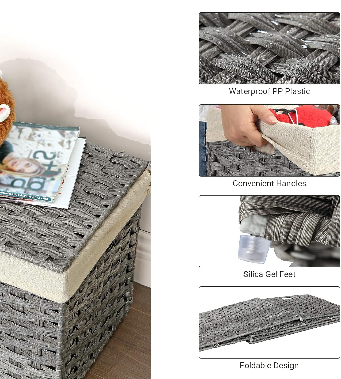 SONGMICS Storage Basket with Lid, Woven Blanket Storage Bin with Handles, Foldable, Removable Liner, Metal Frame, for Bedroom, Laundry Room, 17.2 Gallons (65 L), Gray URST56WG