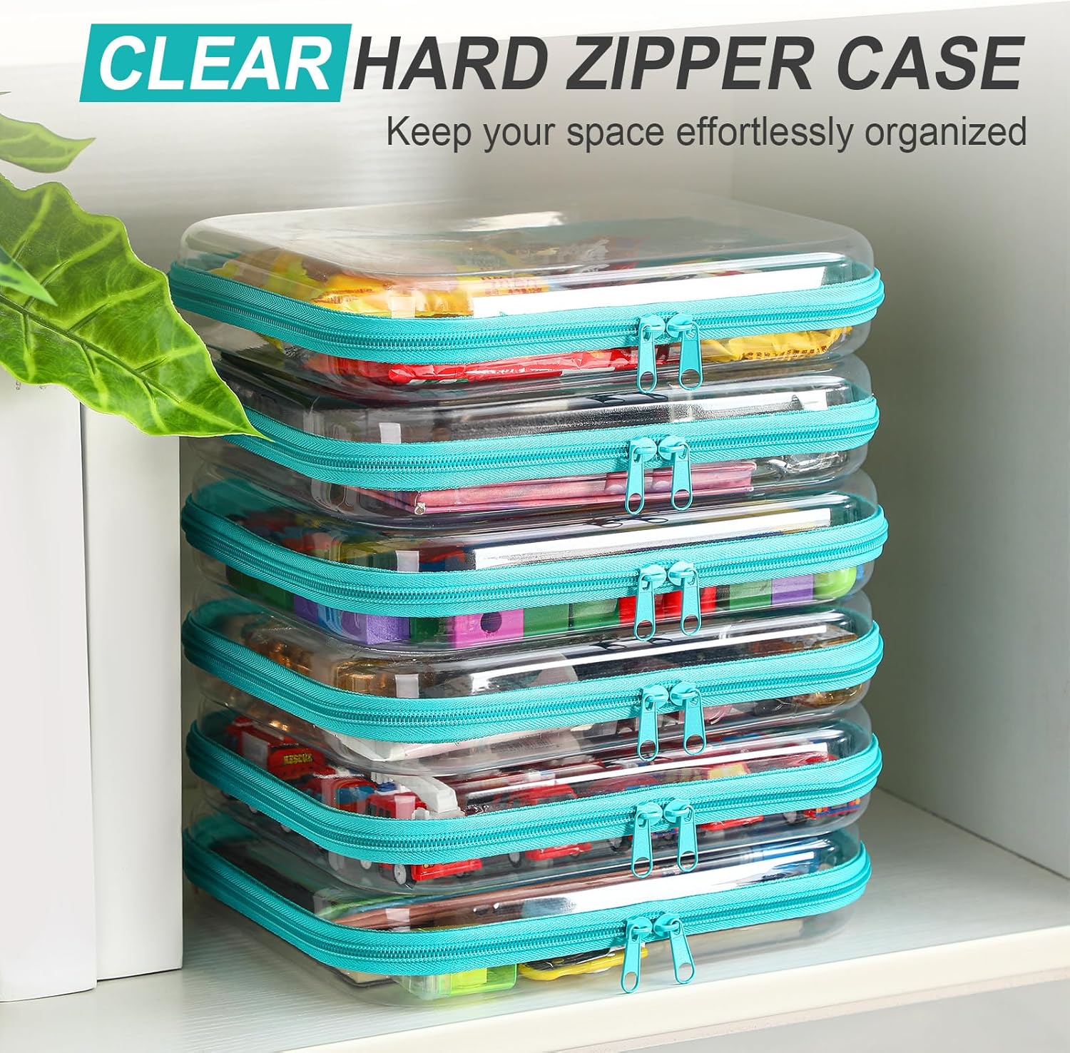 Sanwuta 6 Pcs Clear Hard Zipper Case Hard Plastic Zipper Pouches Transparent Makeup Bag Pencil Pouches for Travel Snacks Christmas Trinket Storage Organizer Box(Teal,9.84 x 7.87 x 2 Inch)
