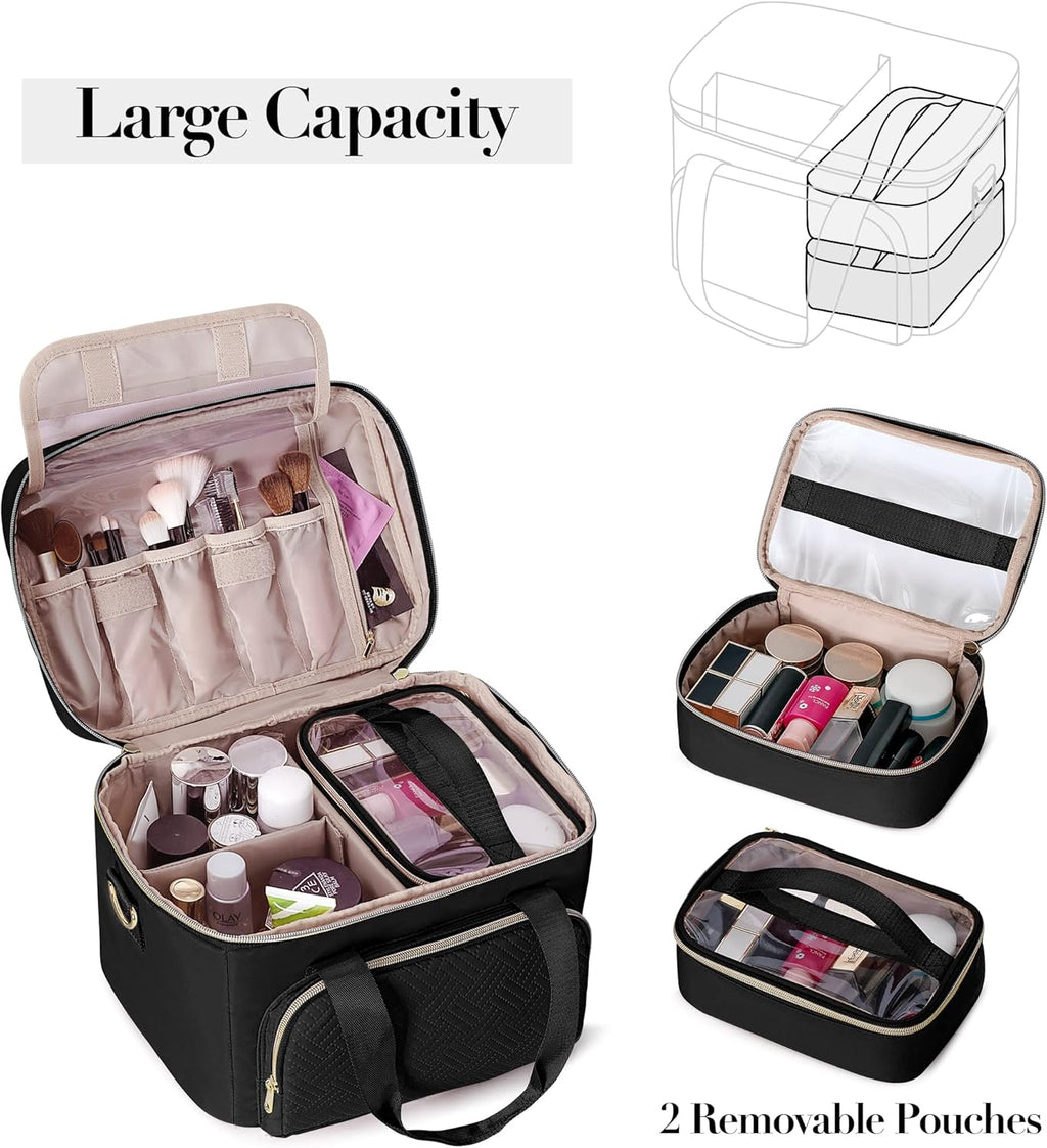Travel Makeup Bag with 2 Pouches and Adjustable Dividers, Large Cosmetic Case Make up Organizer for Women Fits Bottles Vertically, Black (Patented Design)