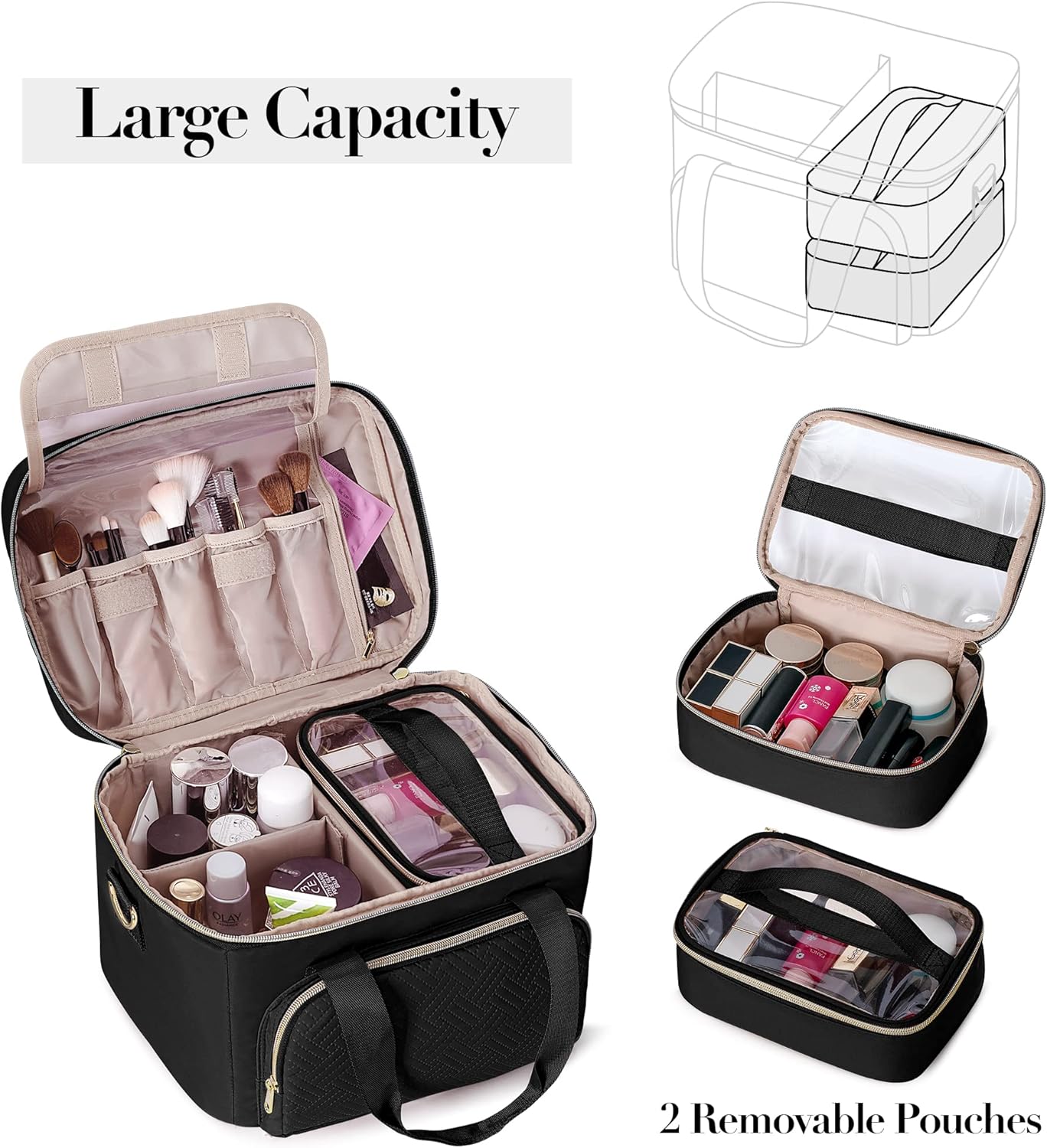 Travel Makeup Bag with 2 Pouches and Adjustable Dividers, Large Cosmetic Case Make up Organizer for Women Fits Bottles Vertically, Black (Patented Design)