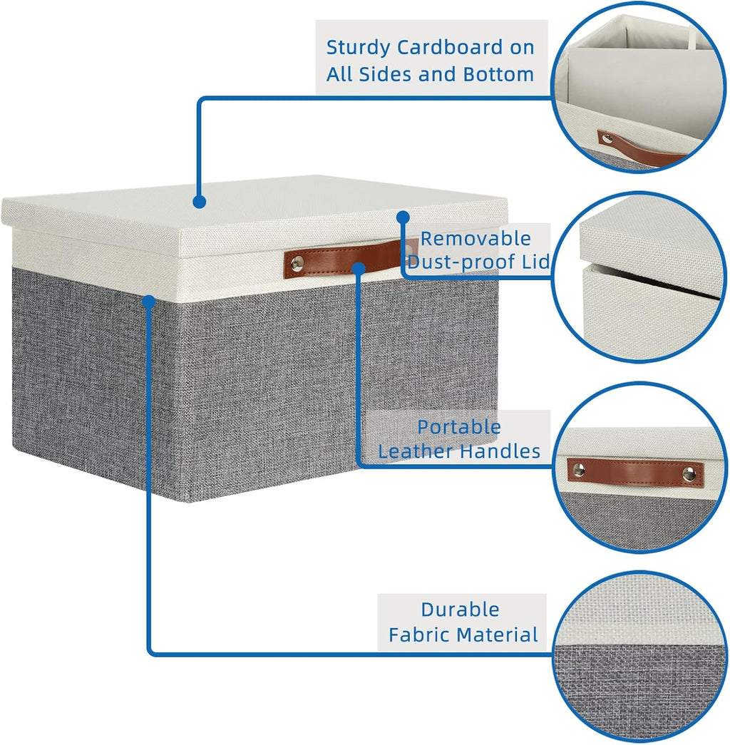 Temary Collapsible Storage Bins Storage Boxes with lid, 2 Pack Storage Baskets with Lid Organizing Clothes, Decorative Organizer Bins with Handles (White&Gray, 15x11x9.5inch)