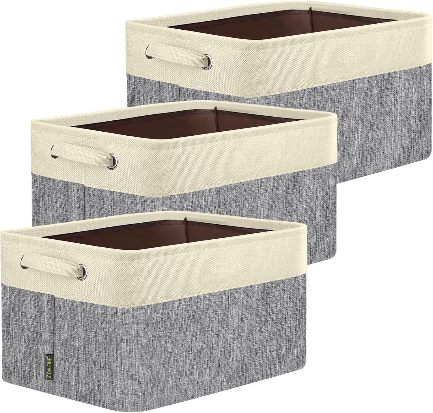 BALEINE 3 Pack Fabric Storage Bins for Shelves, Linen Storage Baskets for Organizing, Decorative Closet Bins for Clothes, Home (Grey, 14''x10''x8.5'')