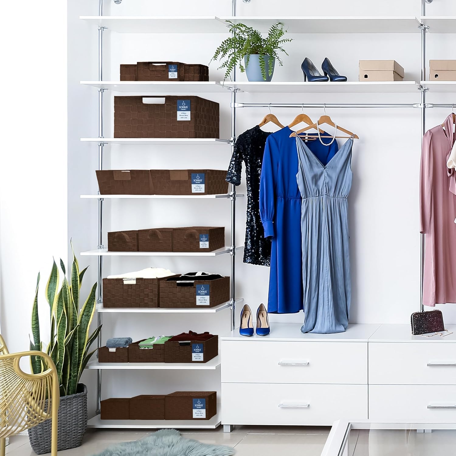 Sorbus Set of 3 Large Woven Storage Baskets – Mesh Hand-Woven Baskets for Organizing, Fabric Storage Bins for Linen Closet Organizer, Storage Baskets for Shelves and Home Organization (Chocolate)