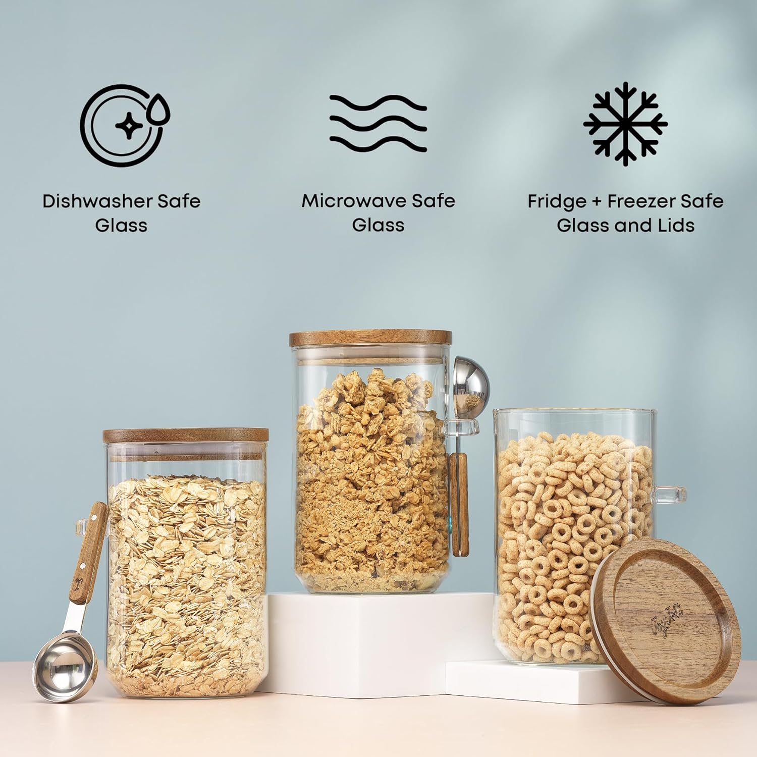 JoyJolt Holden 32oz Stackable Glass Storage Containers with Lids Scoops and Tray, Clear Airtight Food Canister Set of 3 w/Acacia Wood Lids, Round Stacking Pantry and Kitchen Containers w/Scoop