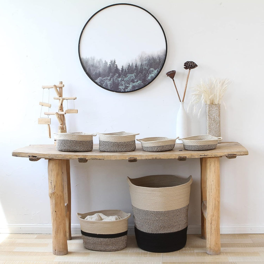 Sea Team 2-Pack Cotton Rope Baskets, 10 x 7 x 4 Inches Small Woven Storage Basket, Fabric Tray, Bowl, Oval Open Dish for Fruits, Jewelry, Keys, Sewing Kits (Mottled Flaxen & Khaki)