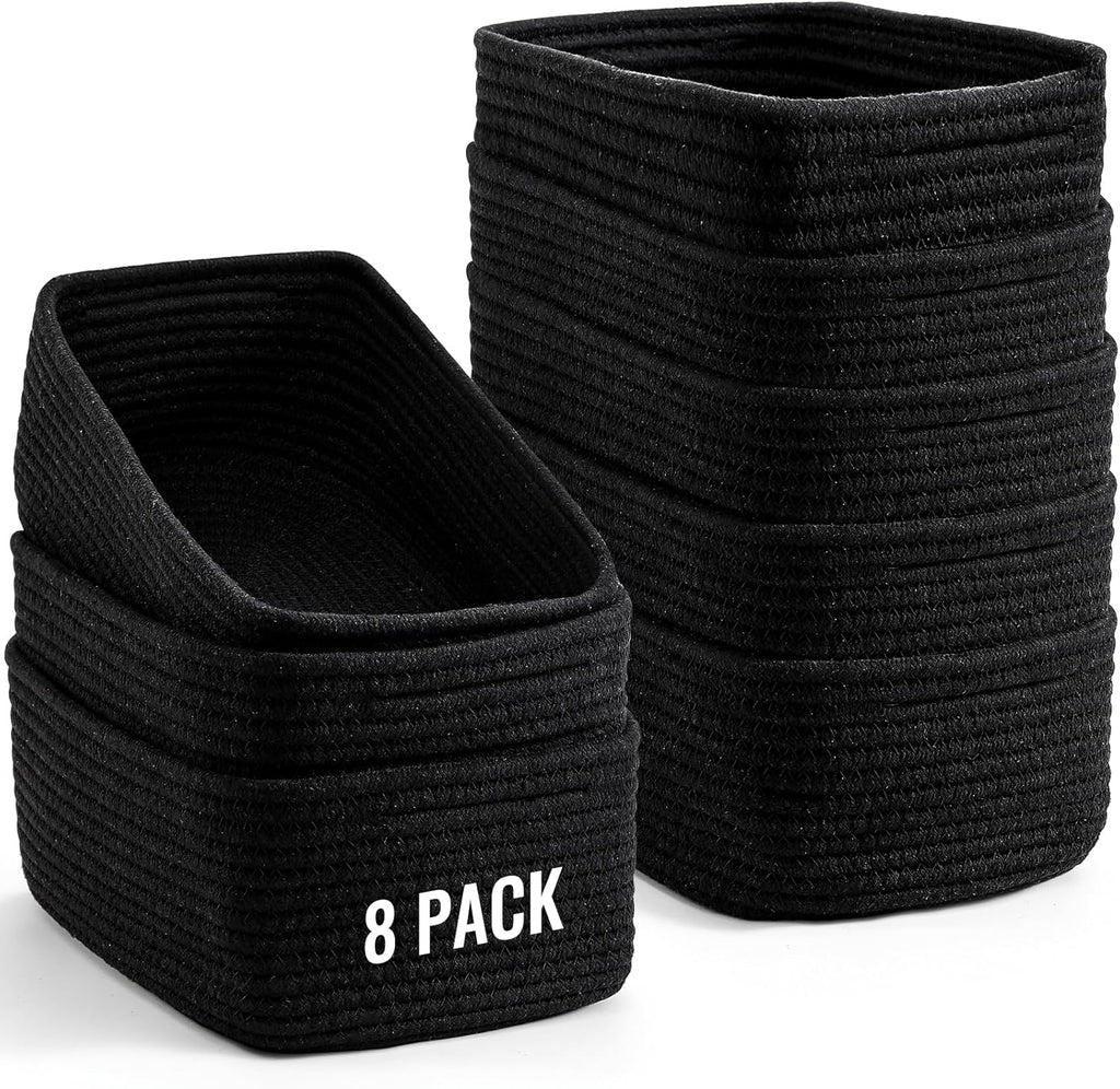 8 Pack Small Storage Baskets for Organizing, Woven Rope Bins for Bathroom, Closet, Shelf Organizer, Cute Cube Decorative Box for Towels, Baby Nursery, Toys, Gift Empty Baskets - 11.5"x7.5"x4.7"-Black