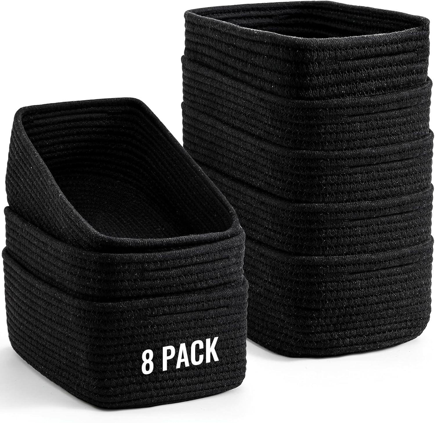 8 Pack Small Storage Baskets for Organizing, Woven Rope Bins for Bathroom, Closet, Shelf Organizer, Cute Cube Decorative Box for Towels, Baby Nursery, Toys, Gift Empty Baskets - 11.5"x7.5"x4.7"-Black