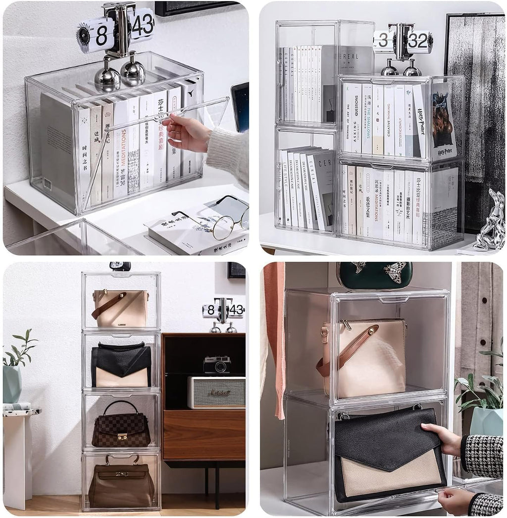 Clear Stackable Plastic Storage Bins with Magnetic Lid, Dustproof Book & Cosmetic Display Cases, Large Figures Collectibles Showcase, Shoe Box, Protection Organizer (Clear-L-3 Pack)