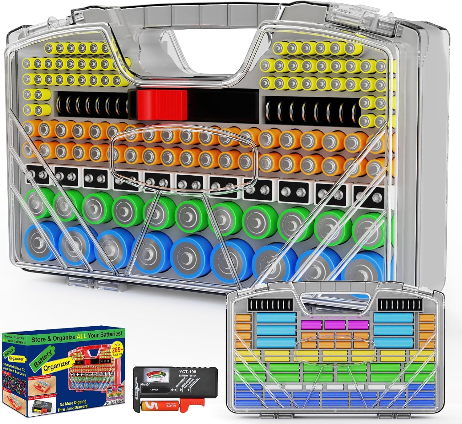 Battery Organizer Storage Holder Box Case with Tester, New Ultra-Large 285+Batteries Double-Sided Variety Pack, Holds AA AAA 4A C D Button Cell 9V 3V Lithium18650 CR2 CR123 CR1632 LR44 (Grey)