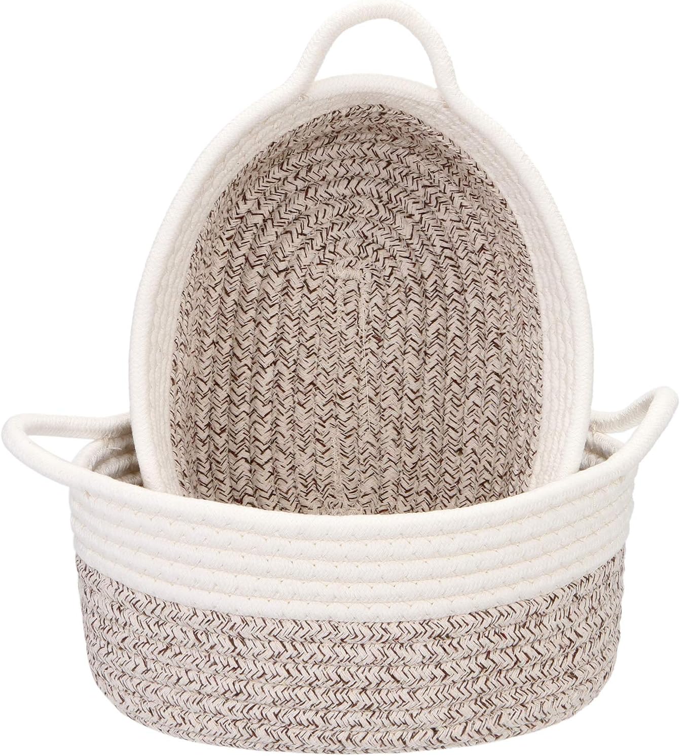 Sea Team 2-Pack Cotton Rope Baskets, 10 x 7 x 4 Inches Small Woven Storage Basket, Fabric Tray, Bowl, Oval Open Dish for Fruits, Jewelry, Keys, Sewing Kits (Mottled Brown & White)