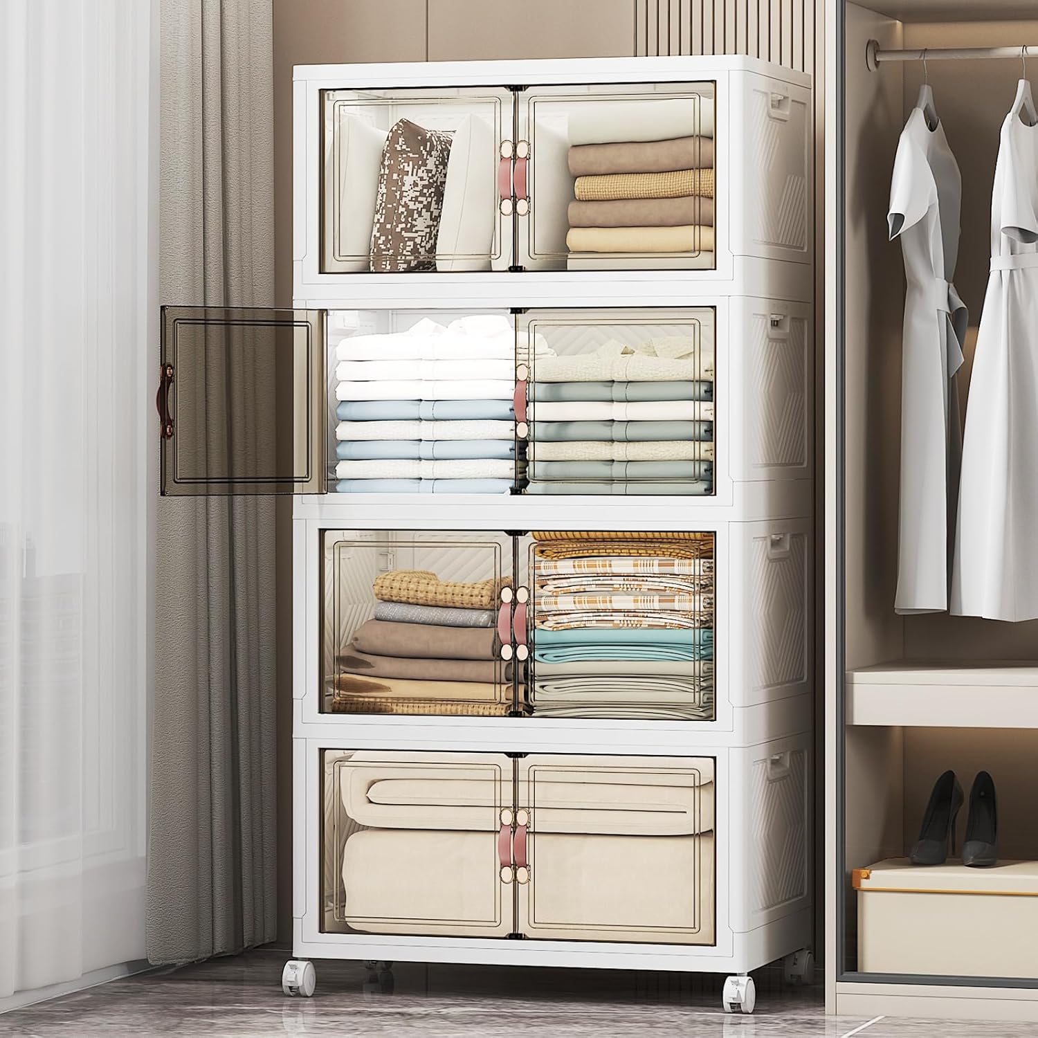 Extra Large Stackable Storage Bins with Lids & Wheels & Door, 448QT-112QT/28GAL*4Pack Foldable Collapsible Closet Organizers, Plastic containers drawers for bedroom Dorm