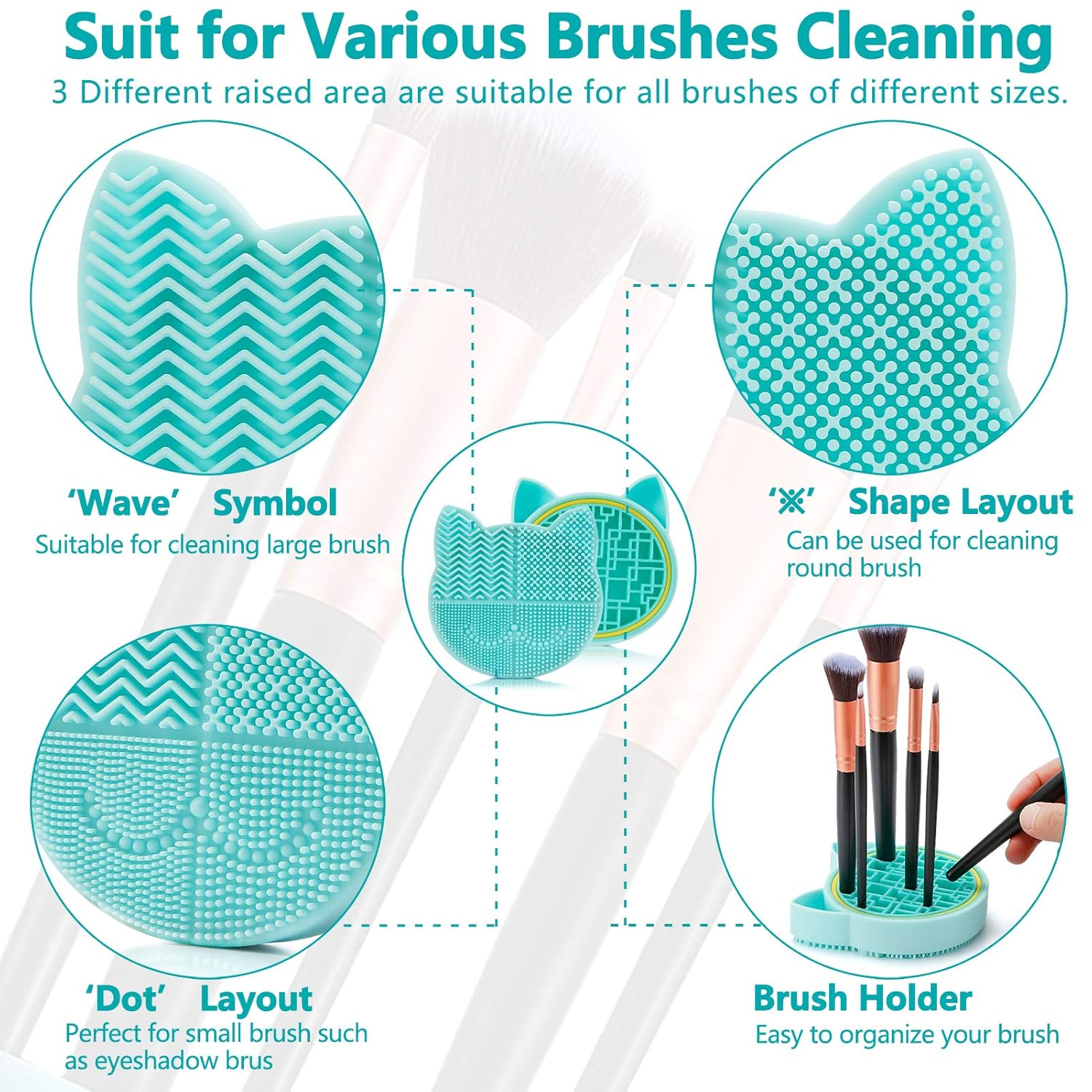 TailaiMei 2 in 1 Makeup Brush Cleaning Mat With Drying Holder, Silicon Cat Shaped Cleaner Pad, Cosmetic Organizer Rack, Portable Washing Tool for Makeup (Green)