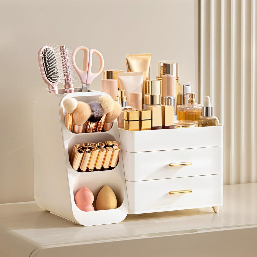 HBlife Makeup Organizer with Brush Holder for Vanity, Large Plastic Bathroom Countertop Organizer Skin Care Storage, Easy to Store Lipsticks, Nail Polishes, Perfumes, Eyeshadow Palettes, All White