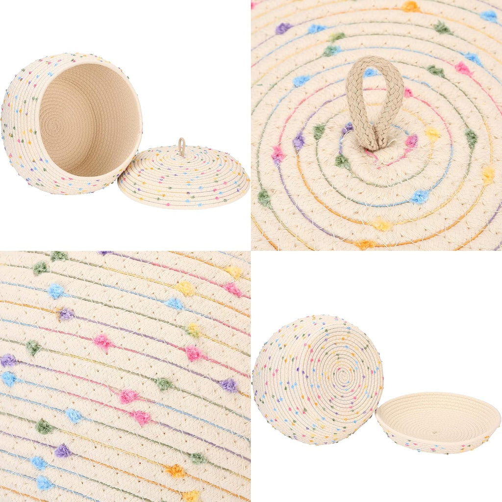 Sea Team Round Cotton Rope Storage Basket with Lid, Colorful Rainbow Pompom Woven Storage Bin, Pot, Caddy, Organizer, Container for Snacks, Towels, Plants, 13 x 9 Inches (Large, Rainbow)